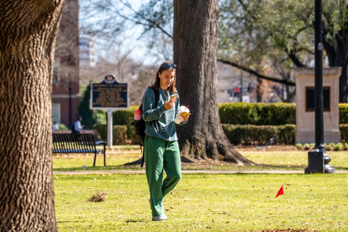 A student walks across the Quad, photographed on Feb. 12, 2026.