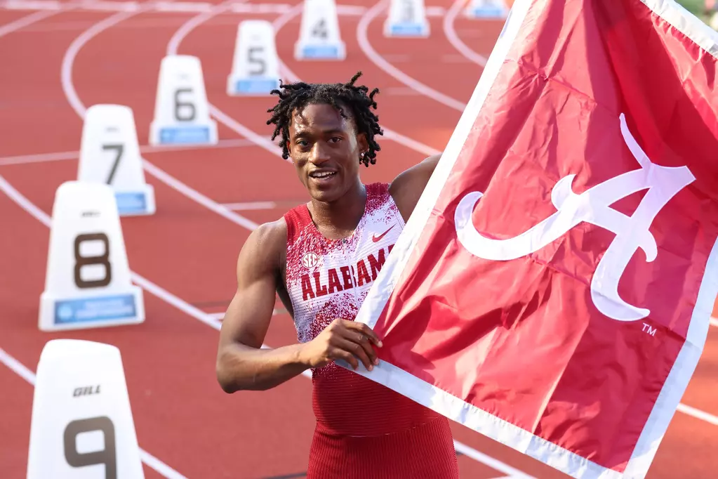 Alabama track athlete Samuel Ogazi in action at the NCAA Outdoor Track and Field Championships on June 12, 2026, in Eugene, OR.