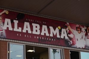 A banner hangs in Rhoads Stadium, photographed on Feb. 14, 2026.