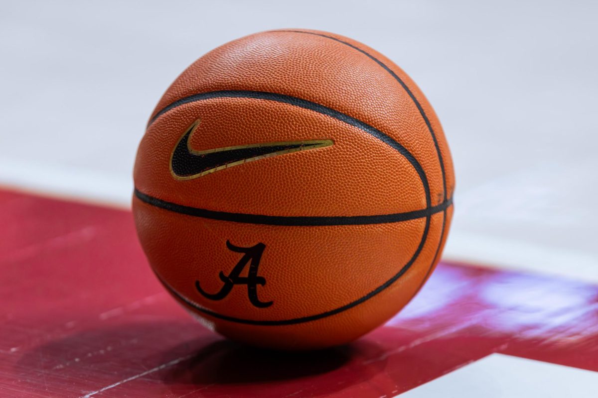 An Alabama-engraved basketball, photographed during the game against Mississippi State on February 25, 2026, at Coleman Coliseum.